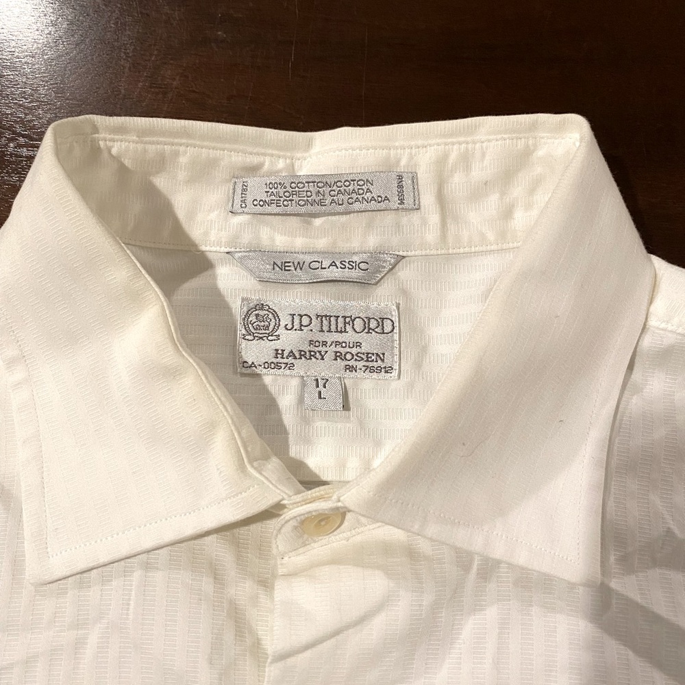 JP Tilford white dress shirt with fine white lines 17L